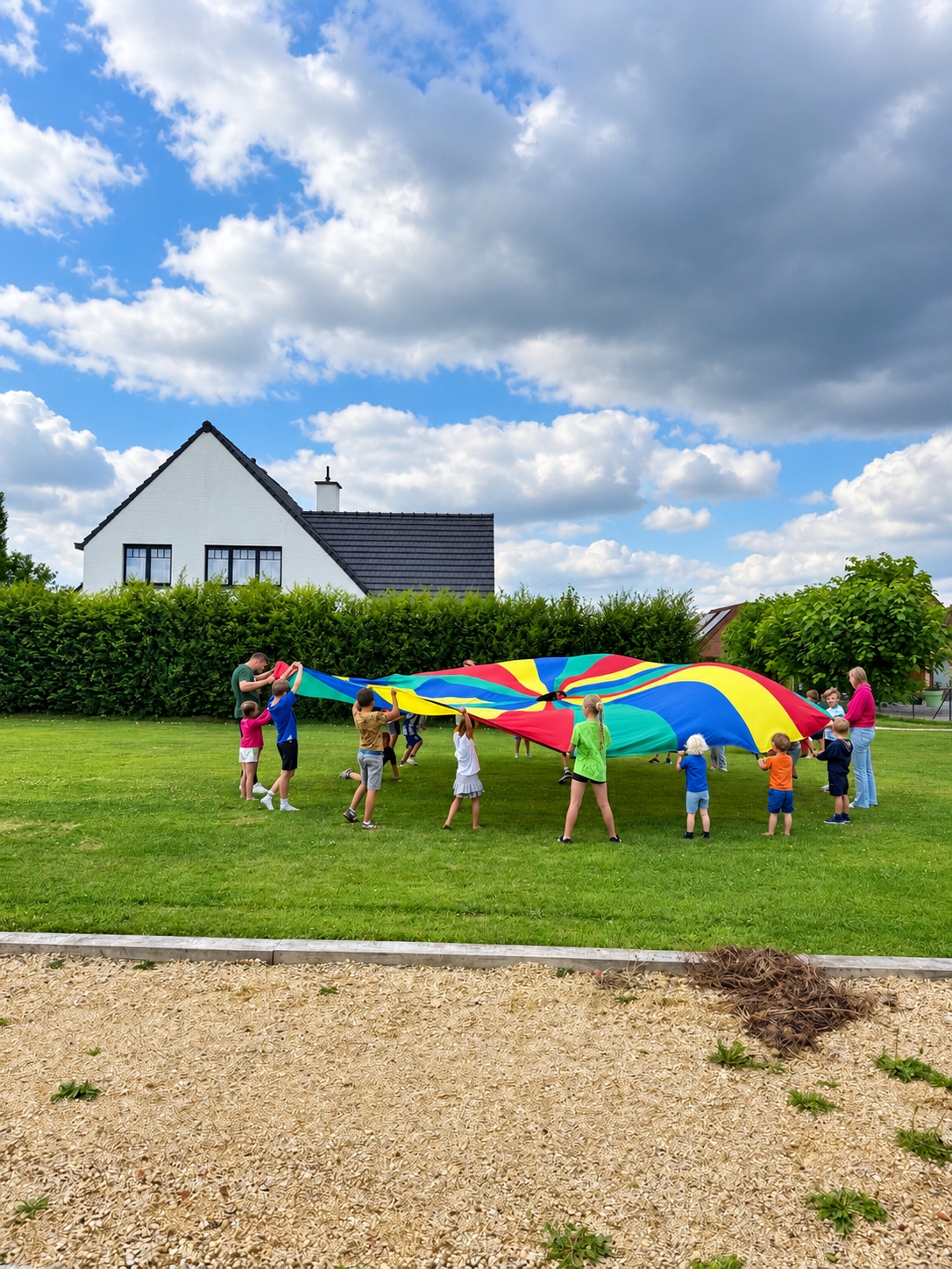 Kinderen spelen met een kleurrijke parachute in het park